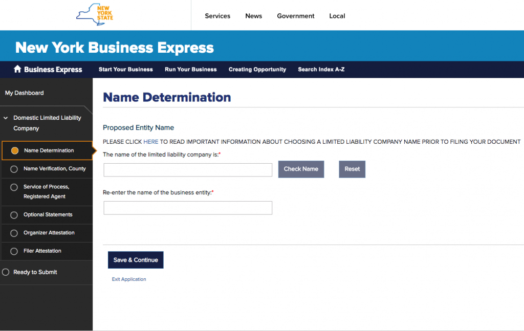 Screen-shot of NY Business Express where you file your LLC in New York