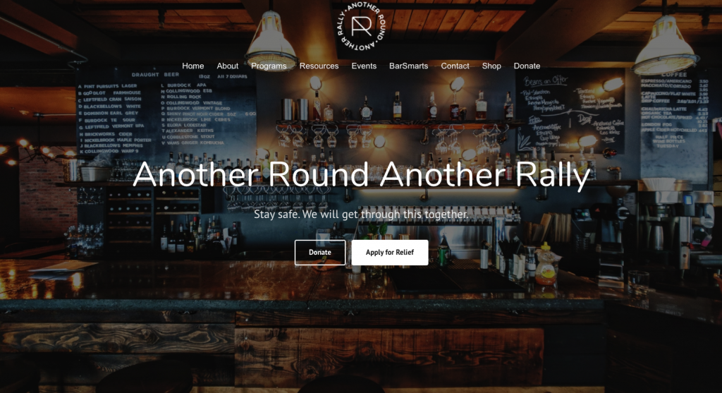 The Another Round Another Rally Homepage where bartenders can make money during the pandemic