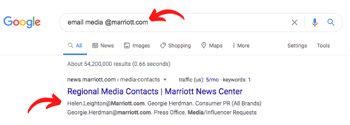 Google results for media at marriott.com