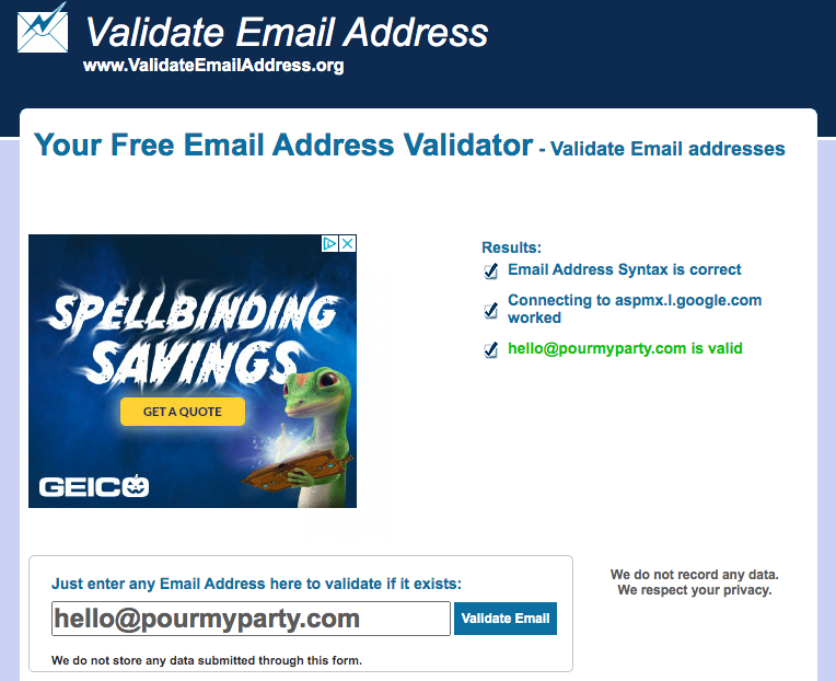 Valid response from Validateemailaddress.org