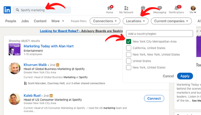 Linkedin Search results filtered by location