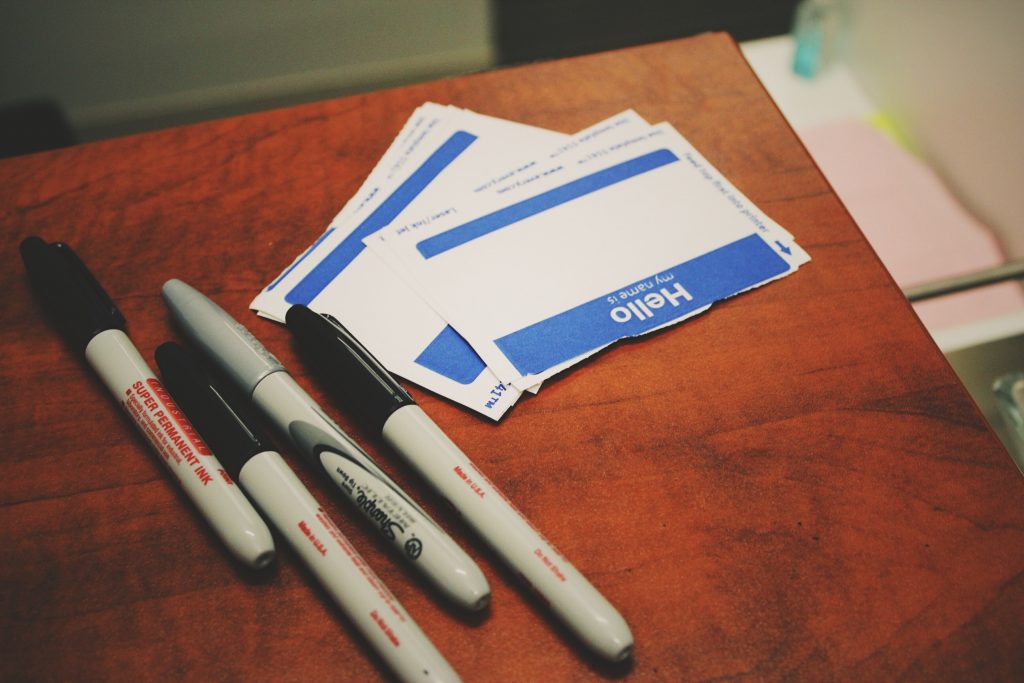 "Hello, my name is" nametags and markers