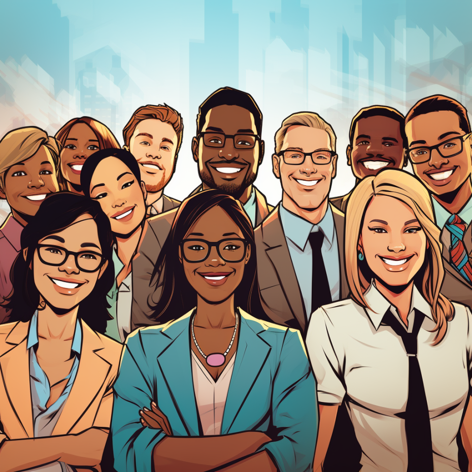 A drawing of a diverse group of business team members,